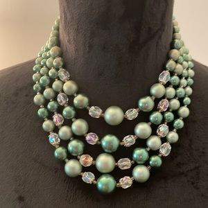 Vintage 4 Strand Dark and Light Green Necklace and Earrings